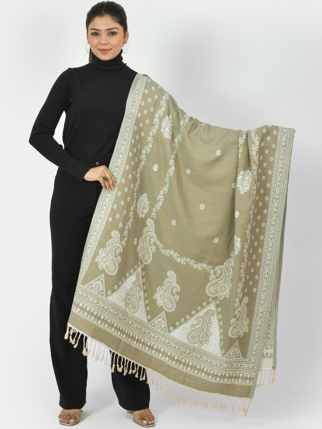 

BAISA Ethnic Motifs Woven Designed Woollen Shawl, Khaki