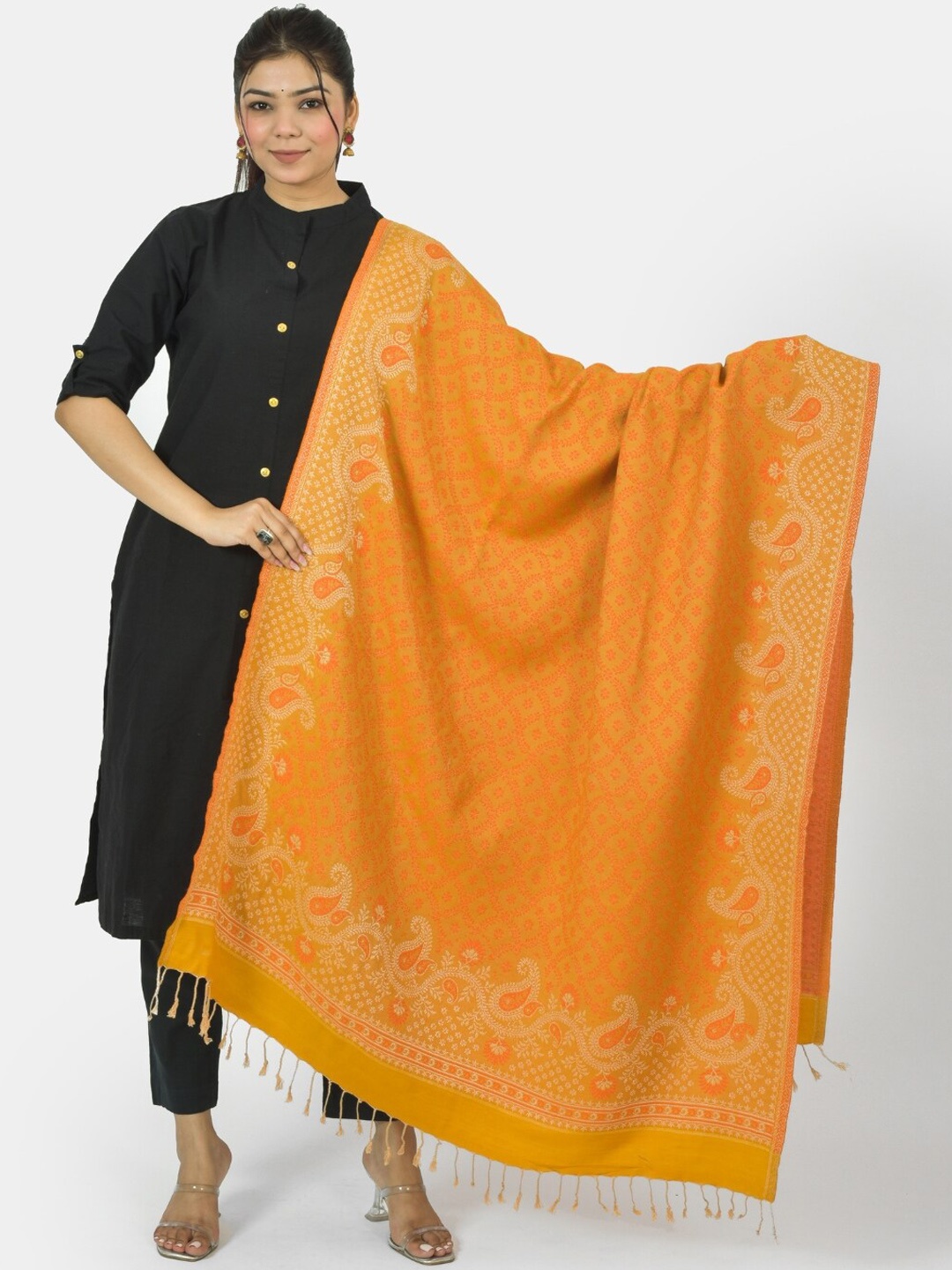 

BAISA Ethnic Motifs Woven Designed Woollen Shawl, Mustard