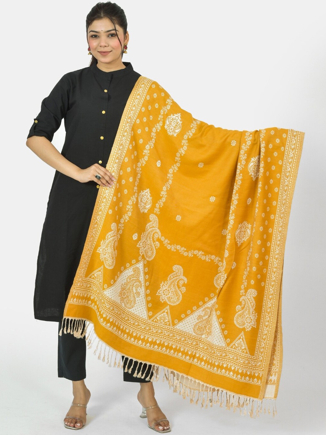 

BAISA Ethnic Motifs Woven Designed Woollen Shawl, Mustard