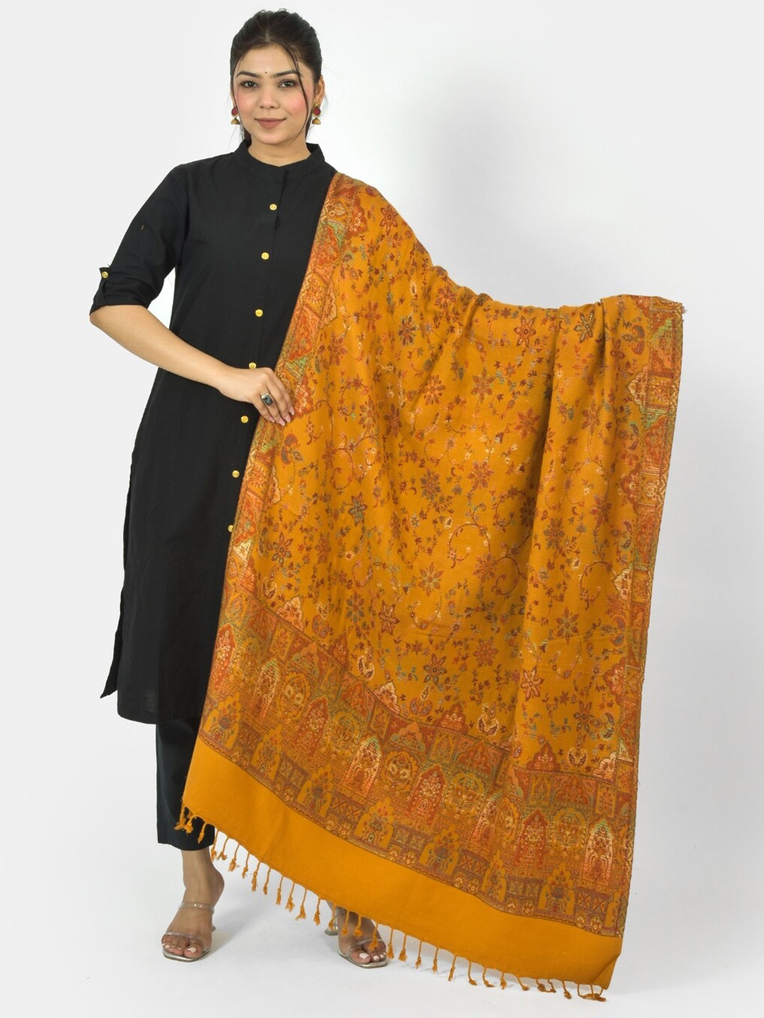 

BAISA Unisex Floral Woven Design Pashmina Shawl, Mustard