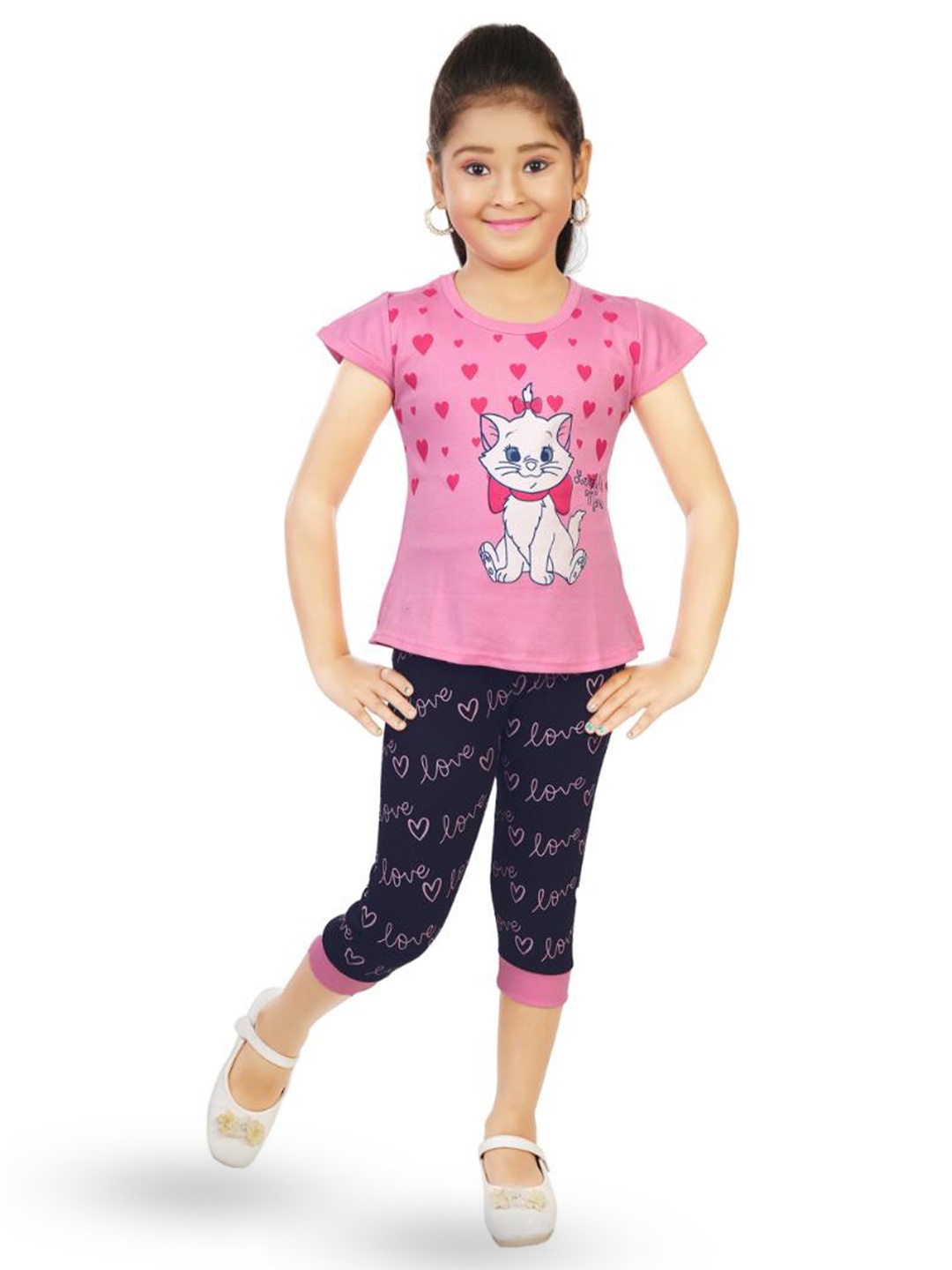 

BAESD Girls Printed Pure Cotton T-shirt with Capris, Pink