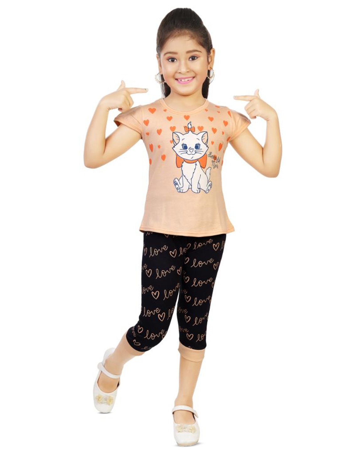 

BAESD Girls Printed Pure Cotton T-shirt with Capris, Orange