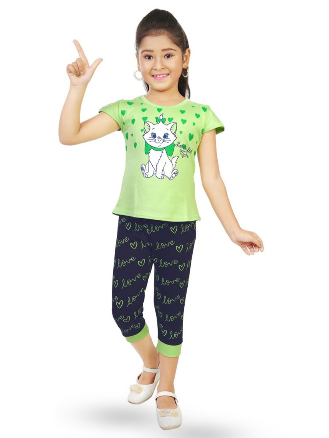 

BAESD Girls Printed Pure Cotton T-shirt with Capris, Green