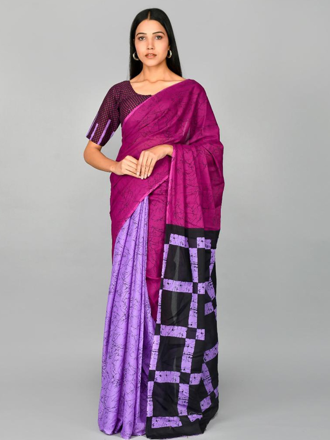 

TROPWEAR Tie & Dye Block Printed Mulmul Cotton Saree, Purple