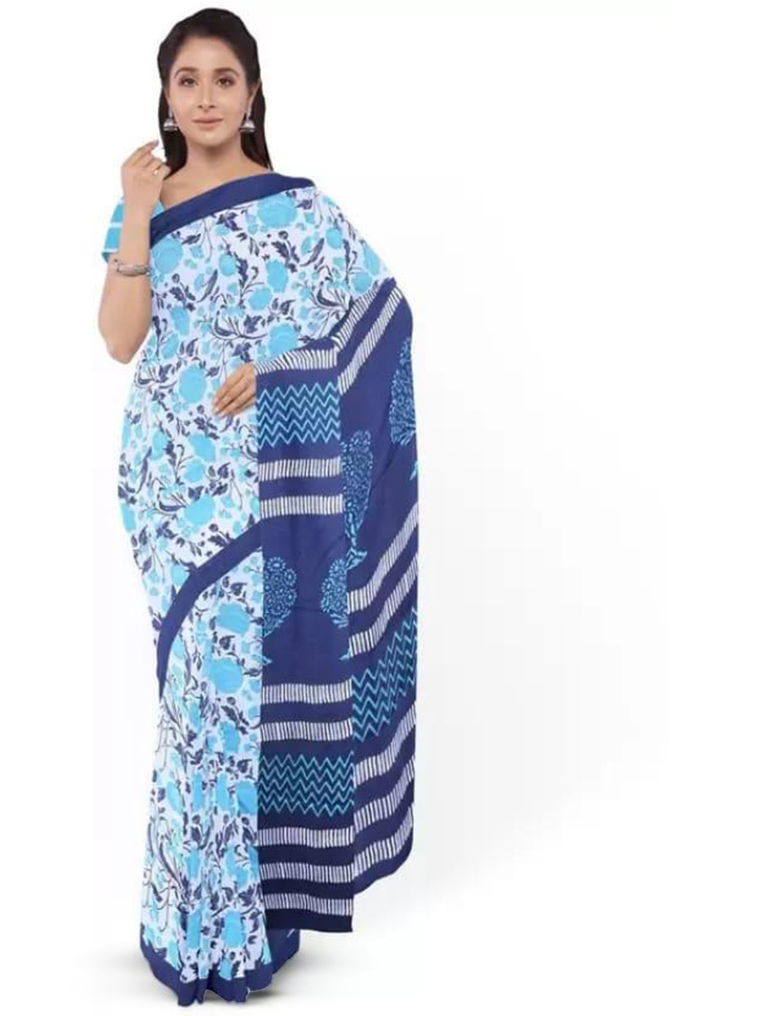 

TROPWEAR Ethnic Motifs Block Printed Mulmul Cotton Saree, Blue