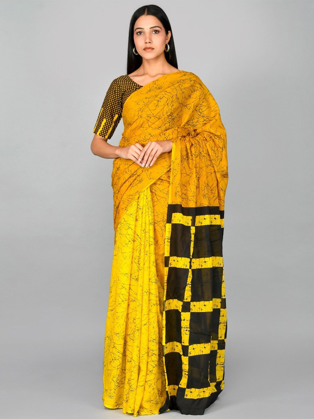 

TROPWEAR Tie and Dye Pure Cotton Half and Half Block Print Saree, Yellow