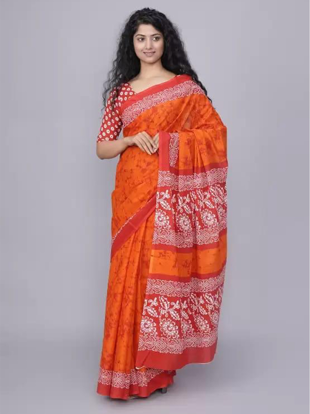 

TROPWEAR Ethnic Motifs Pure Cotton Block Print Saree, Orange