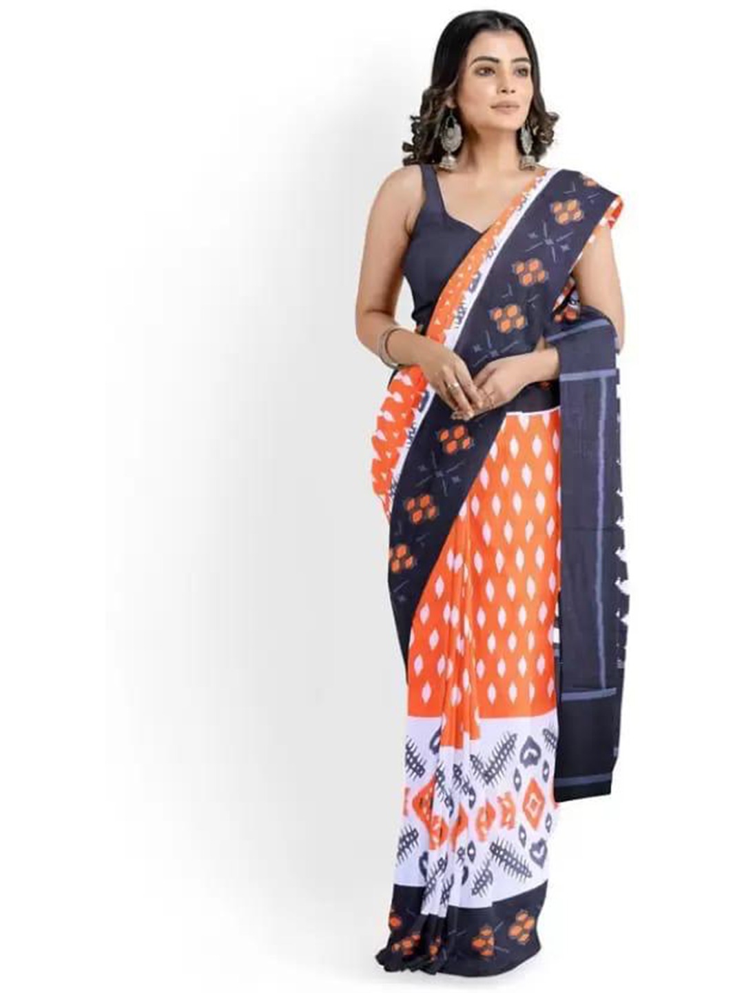 

TROPWEAR Ethnic Motifs Pure Cotton Block Print Saree, Orange