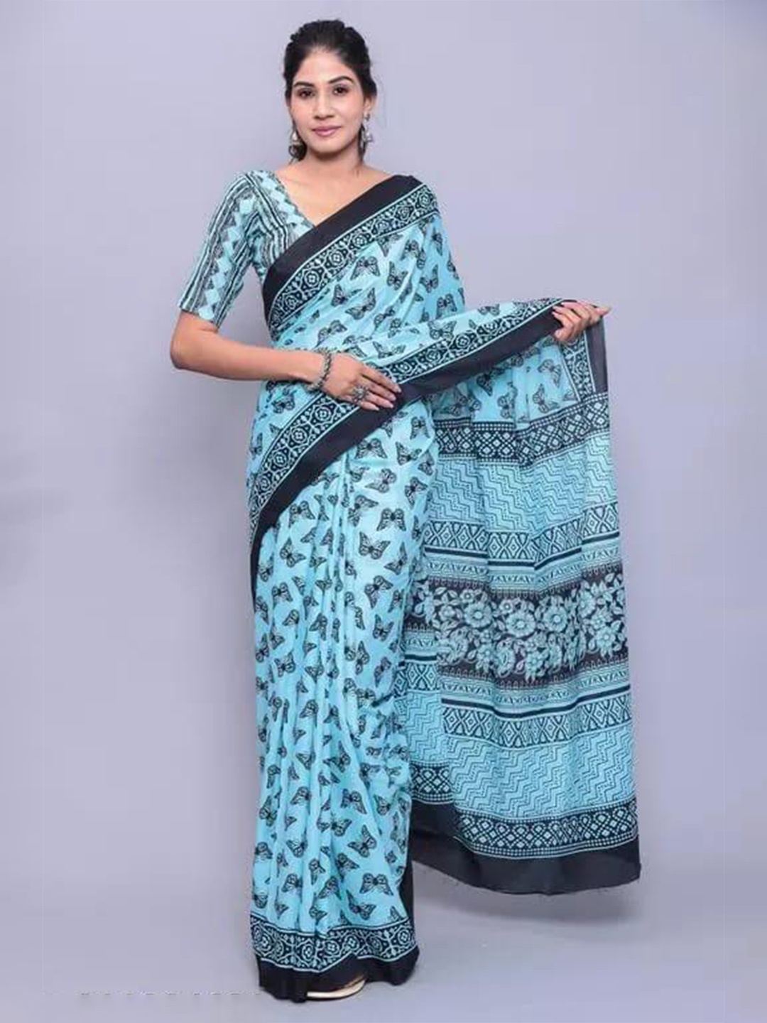 

TROPWEAR Ethnic Motifs Pure Cotton Block Print Saree, Blue