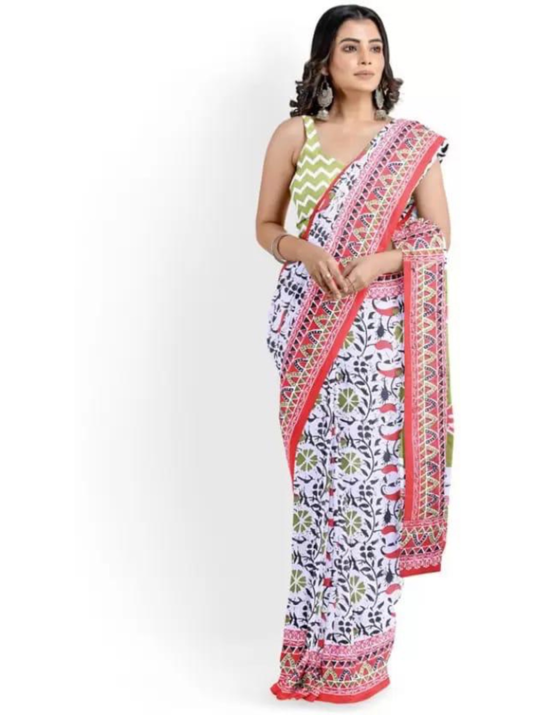 

TROPWEAR Floral Block Print Saree, Red