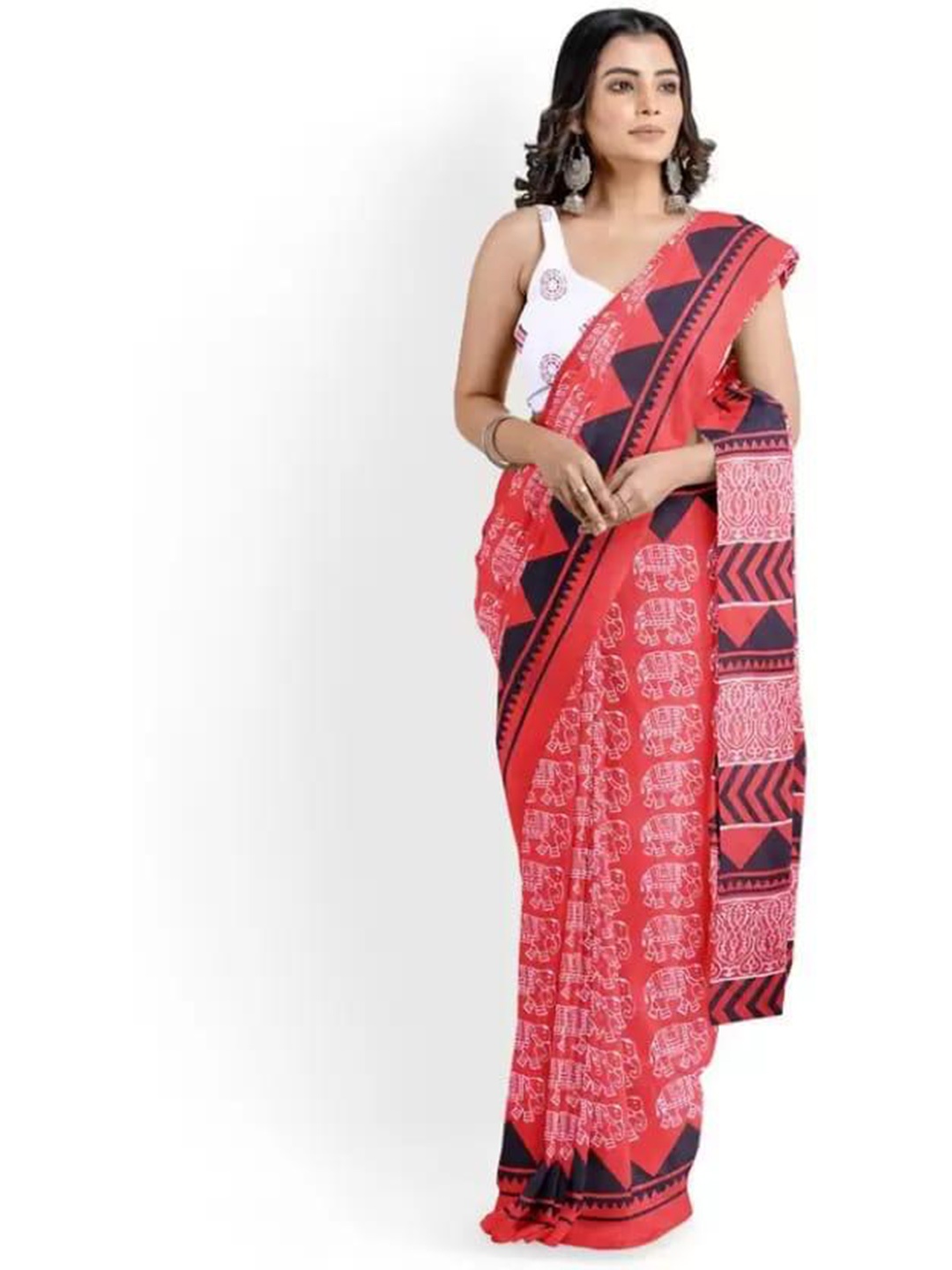 

TROPWEAR Ethnic Motifs Block Print Saree, Red