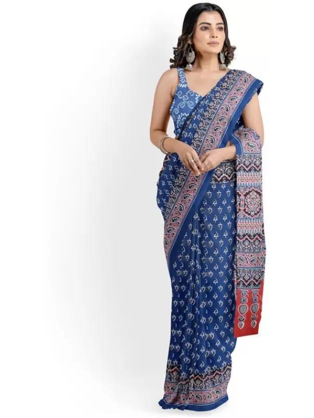 

TROPWEAR Ethnic Motifs Block Printed Mulmul Cotton Saree, Blue