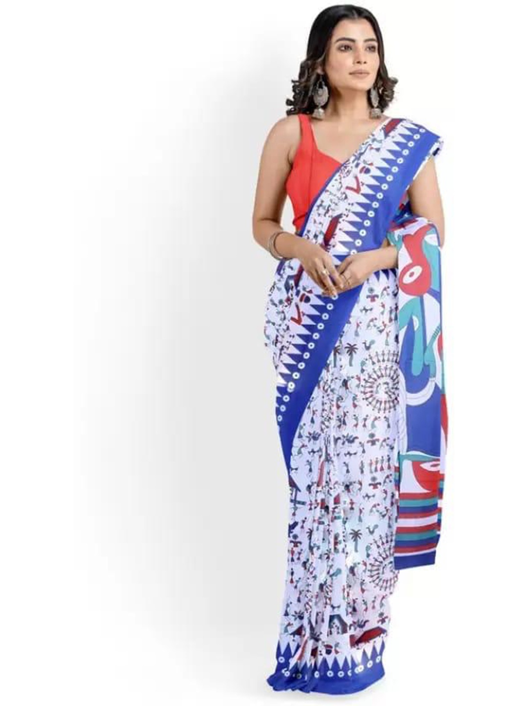 

TROPWEAR Warli Pure Cotton Block Print Saree, Blue
