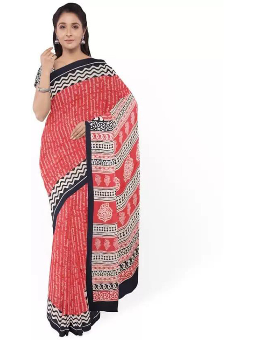 

TROPWEAR Ethnic Motifs Pure Cotton Block Print Saree, Red