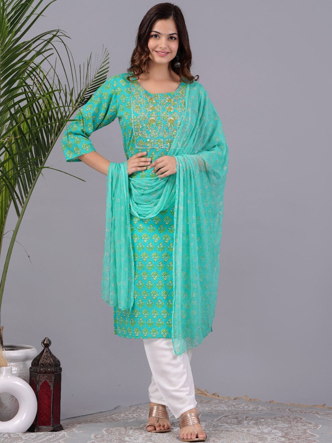 

PNEHA Ethnic Motifs Printed Regular Sequinned Kurta with Trousers & Dupatta, Turquoise blue