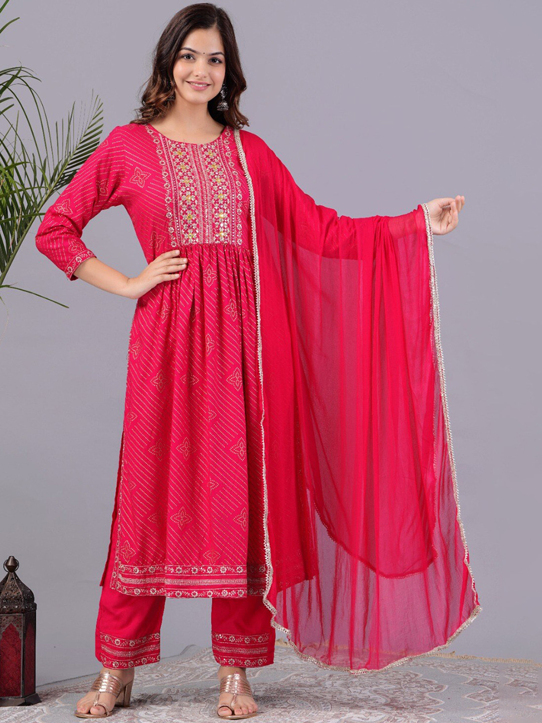 

PNEHA Ethnic Motifs Printed Regular Sequinned Kurta with Trousers & Dupatta, Red