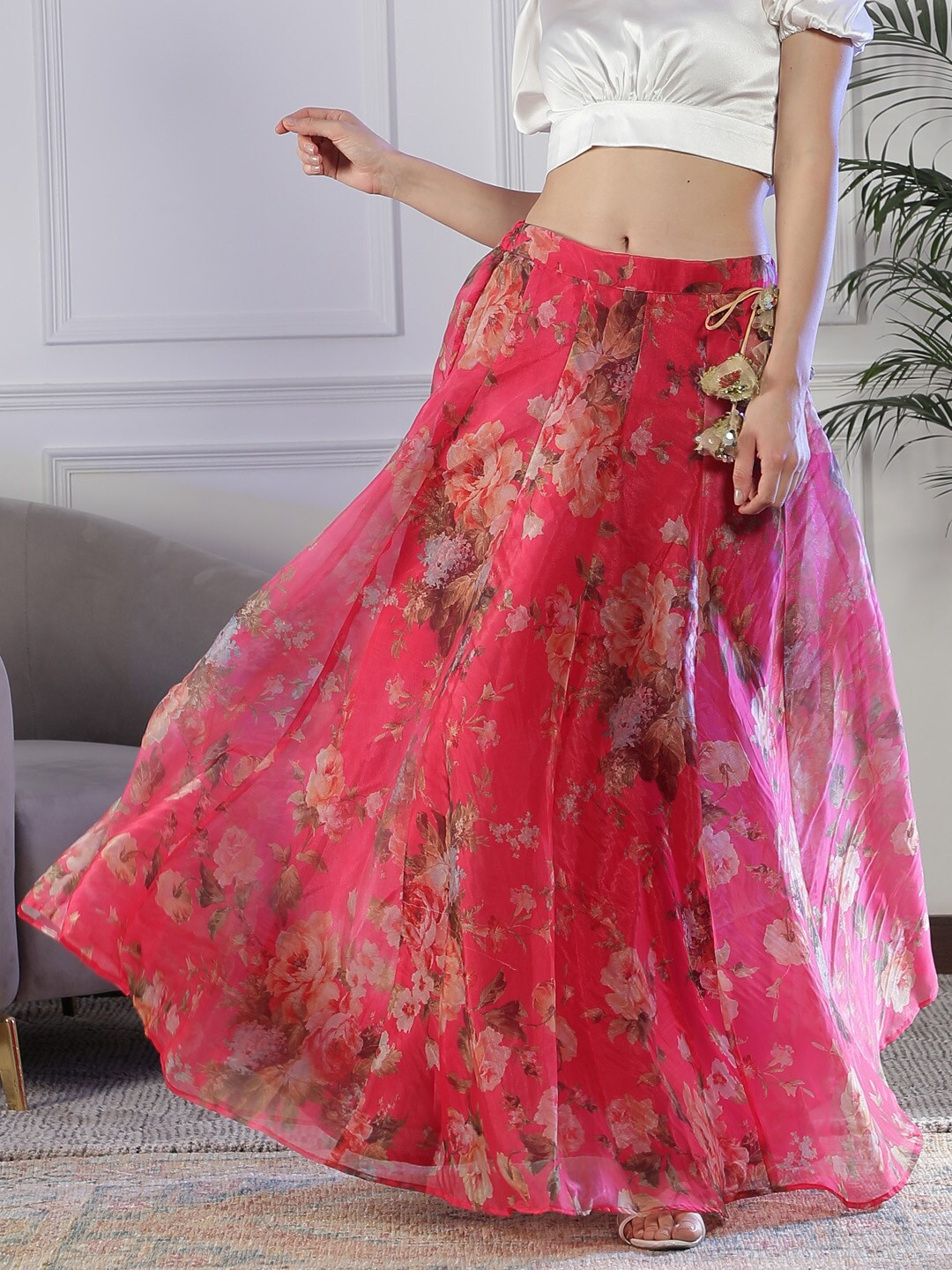

NEUDIS Floral Printed Flared Maxi Skirt, Magenta