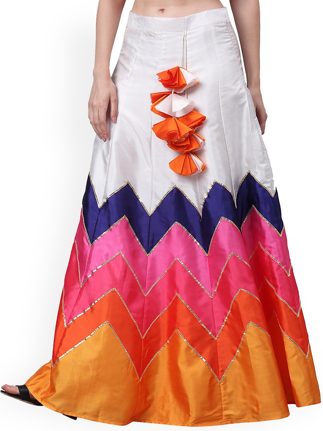 

NEUDIS Chevron Printed Flared Maxi Ethnic Lehenga Skirt, White