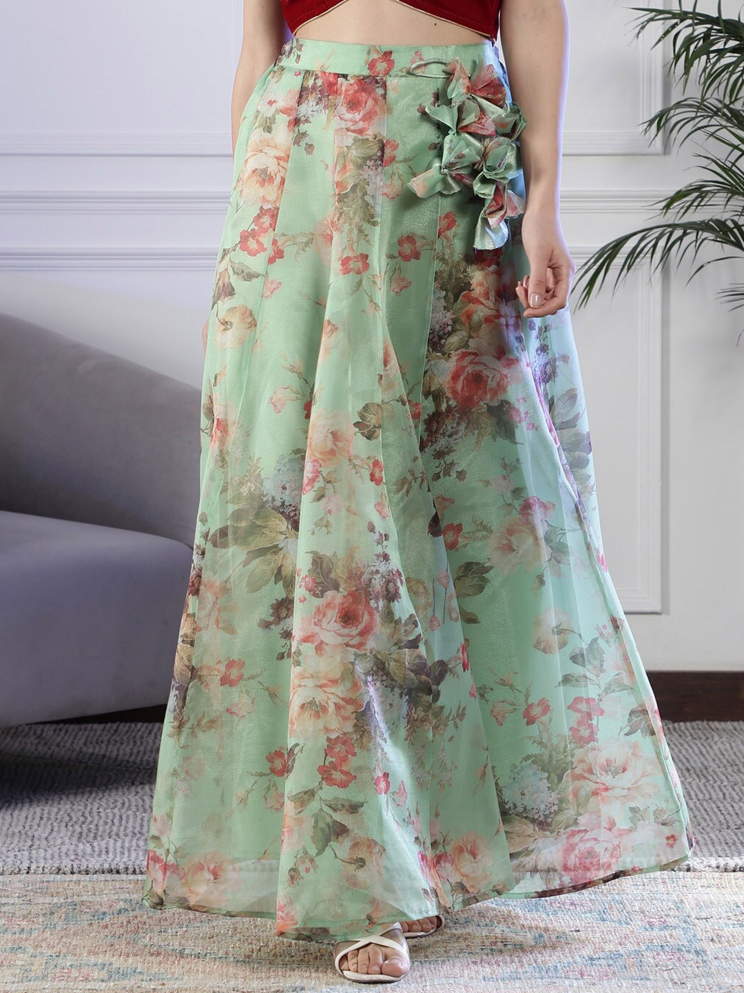 

NEUDIS Floral Printed High-Rise Flared Organza Maxi Skirt, Green
