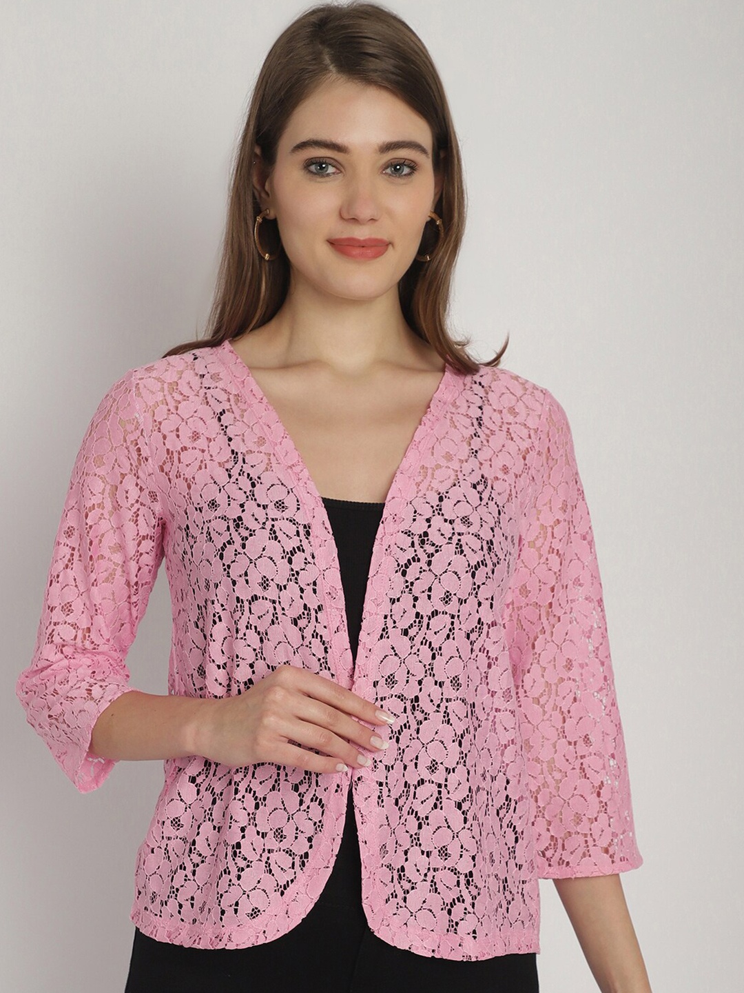 

Dressitude Self Design Cotton Open Front Shrug, Pink