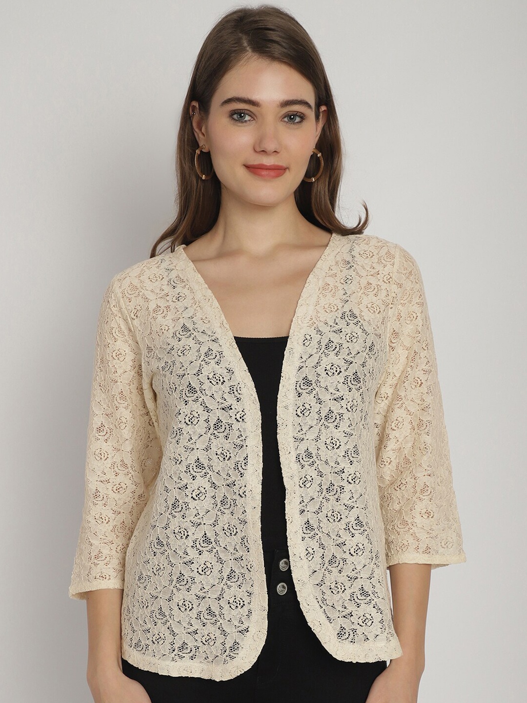 

Dressitude Self Design Cotton Open Front Shrug, Beige