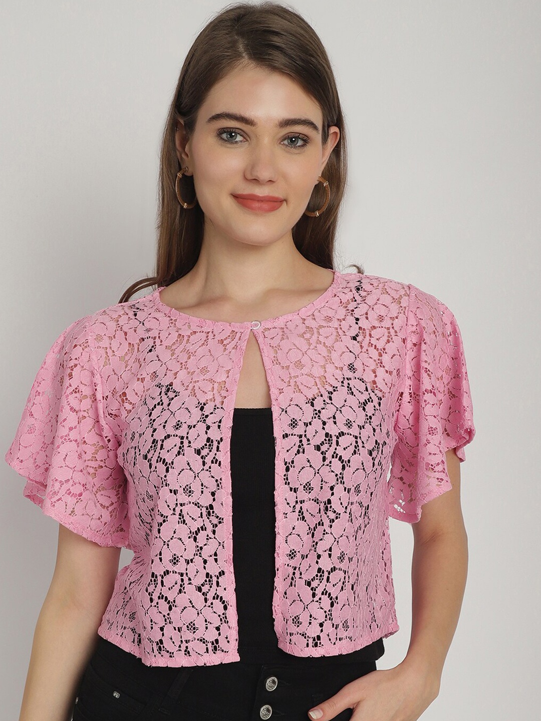 

Dressitude Self Design Flared Sleeves Cotton Lace Crop Open Front Shrug, Pink