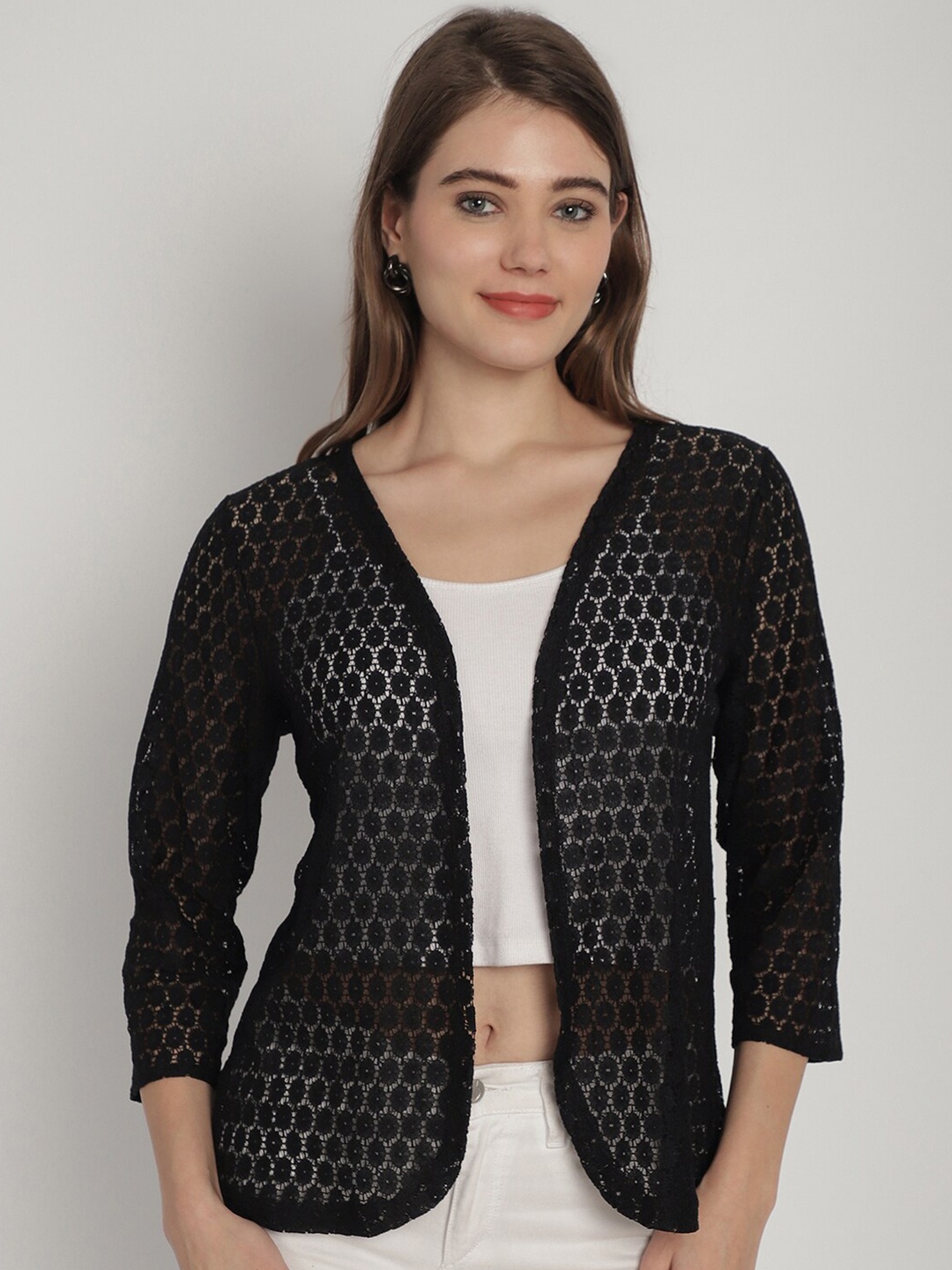 

Dressitude Self Design Cotton Lace Open Front Shrug, Black