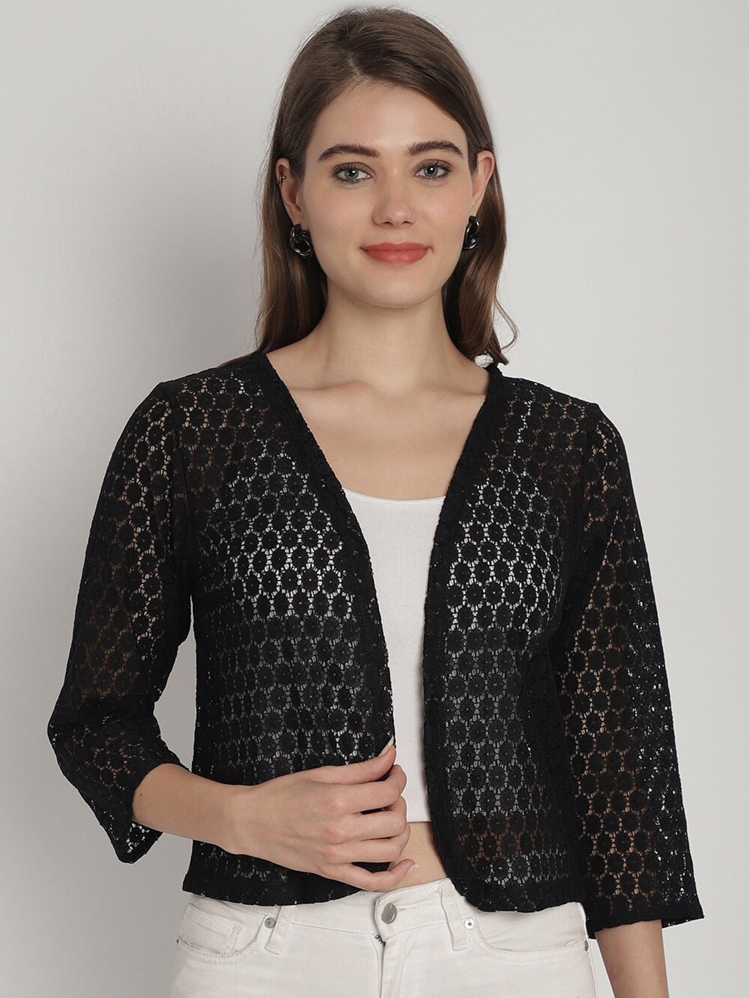 

Dressitude Self Design Cotton Lace Open Front Shrug, Black