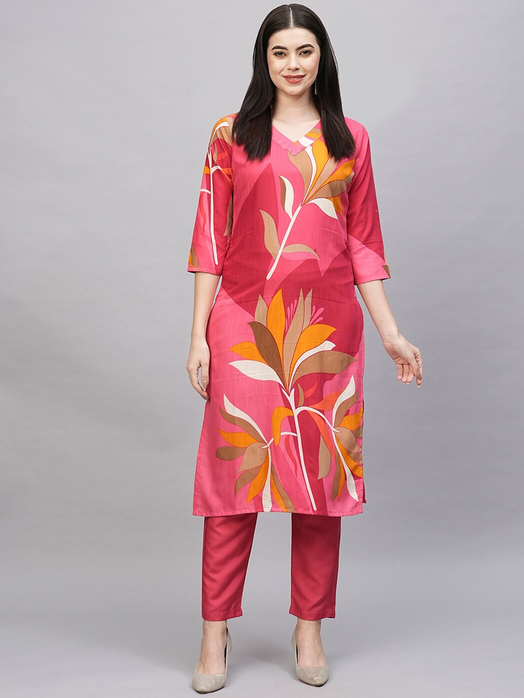 

KALINI Floral Printed Straight Kurta With Trouser, Pink