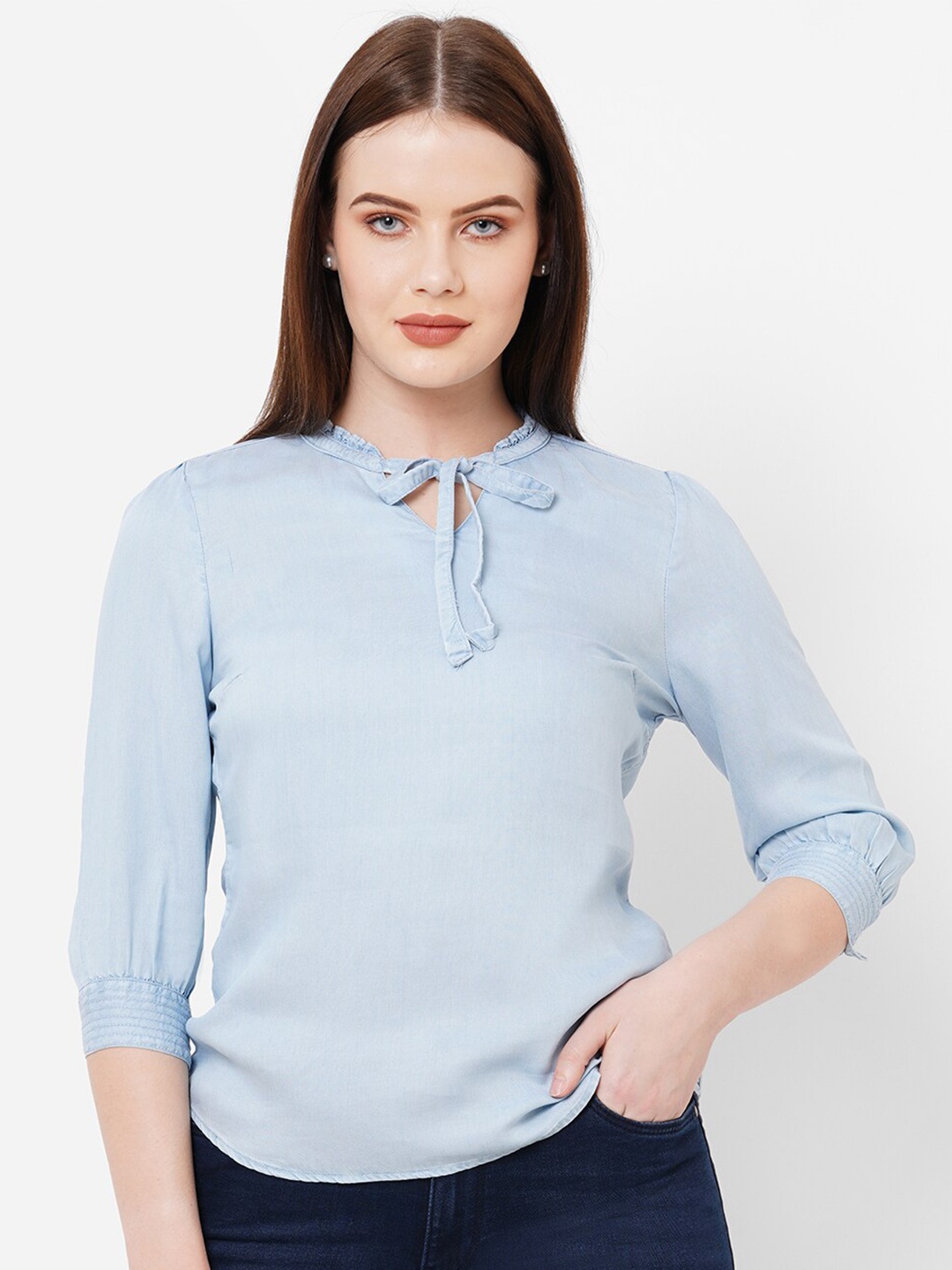 

Kraus Jeans Tie-Up Neck Three-Quarter Sleeves Cotton Top, Blue