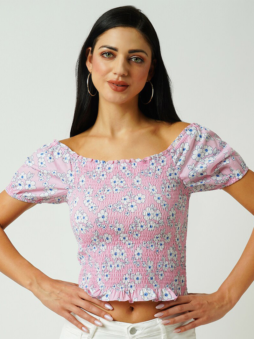 

Kraus Jeans Floral Printed Smocked Cotton Fitted Top, Pink