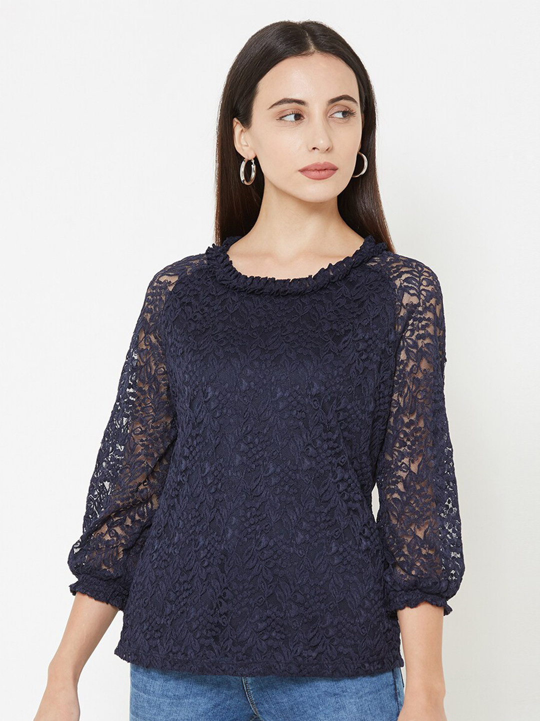 

Kraus Jeans Round Neck Puff Sleeve Top, Navy blue