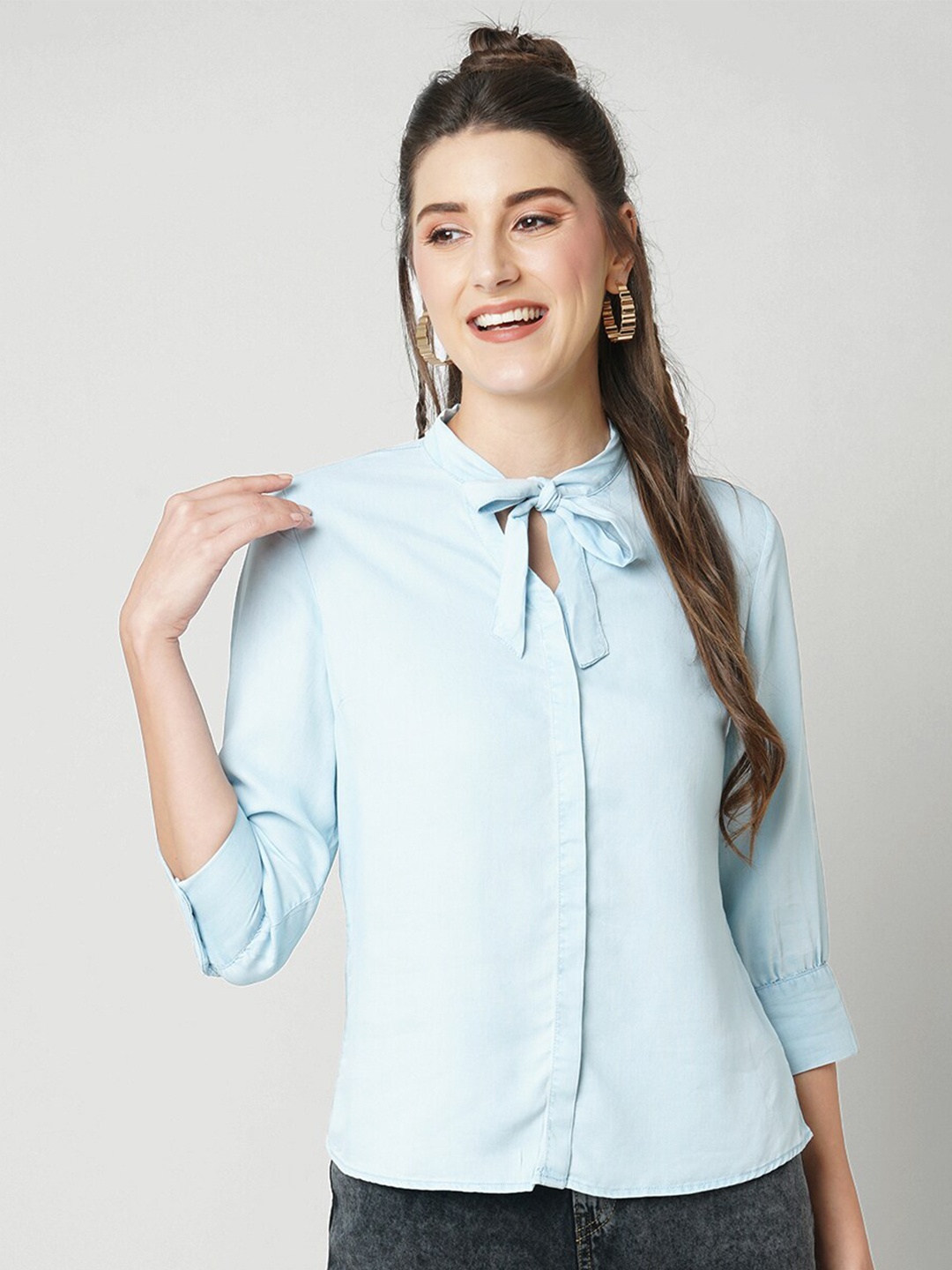 

Kraus Jeans Tie-Up Neck Cotton Shirt Style Top, Blue