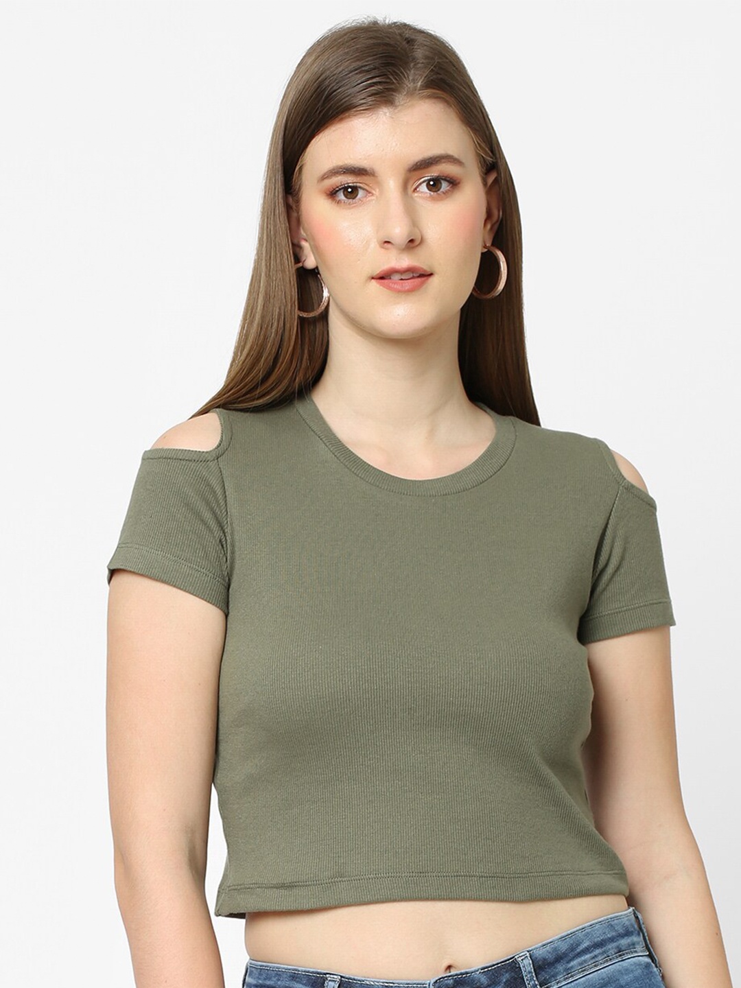 

Kraus Jeans Cold-Shoulder Cotton Crop Top, Green