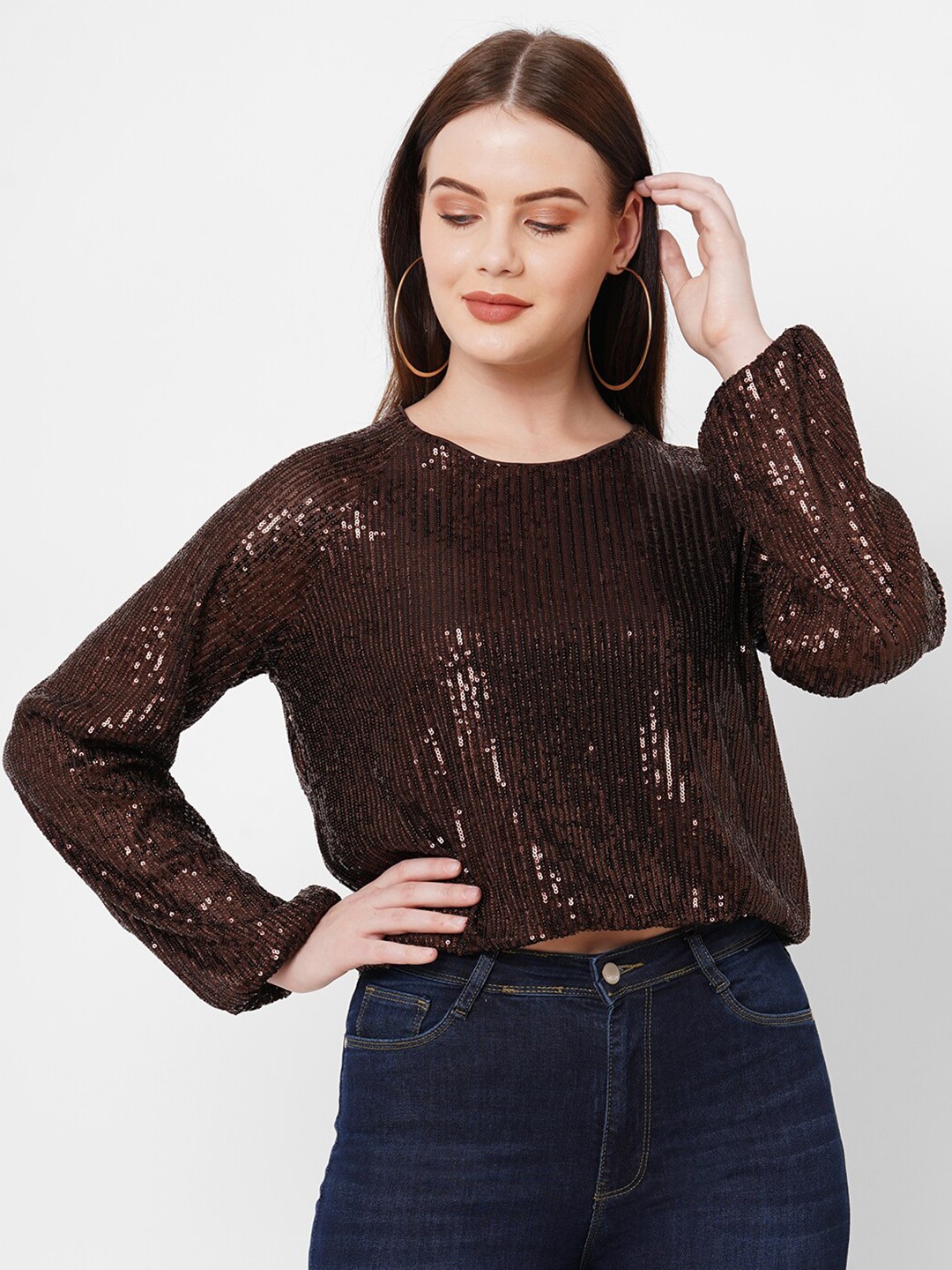 

Kraus Jeans Embellished Round Neck Cotton Crop Top, Brown