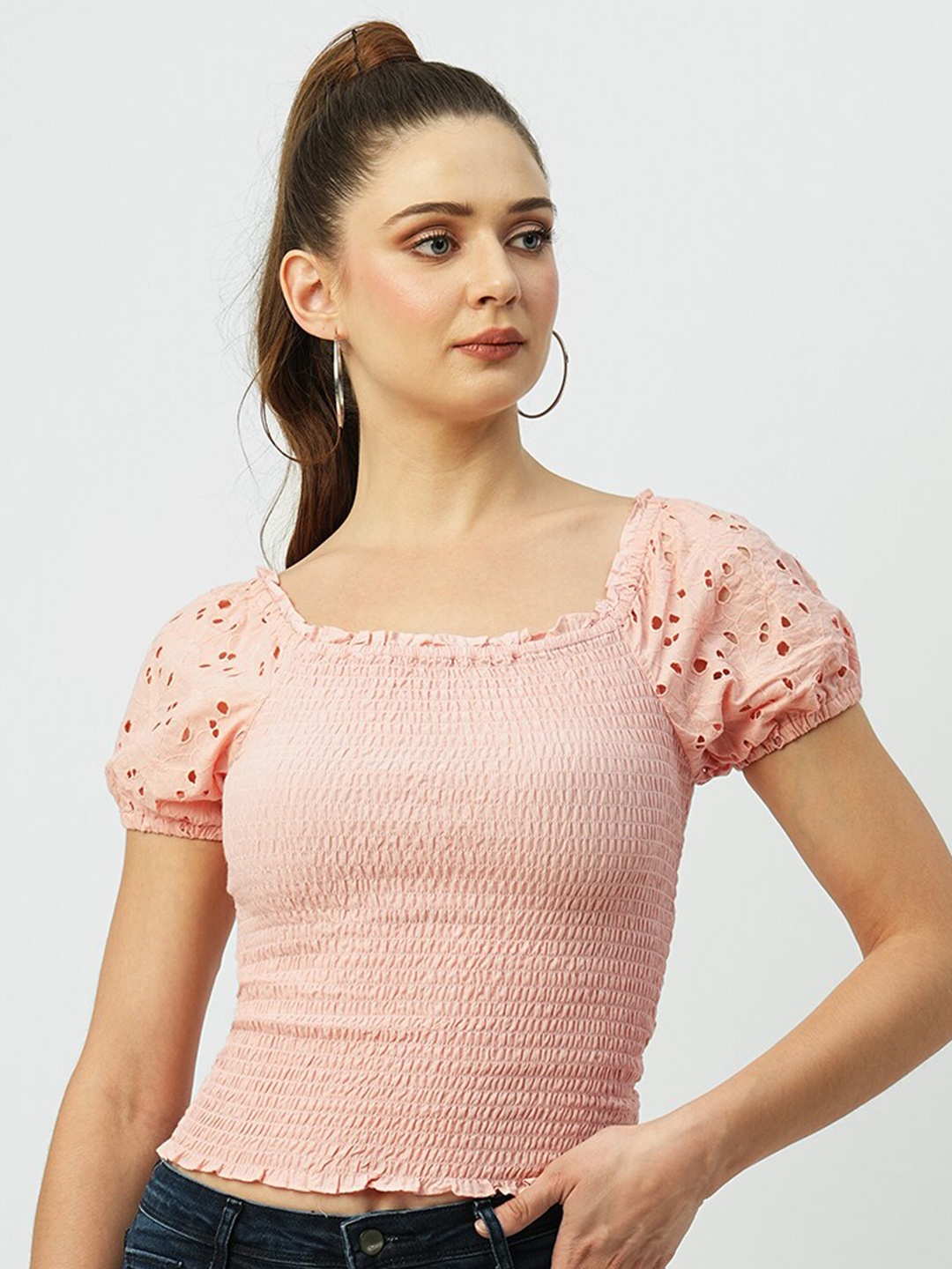 

Kraus Jeans Square Neck Puff Sleeve Cotton Top, Pink
