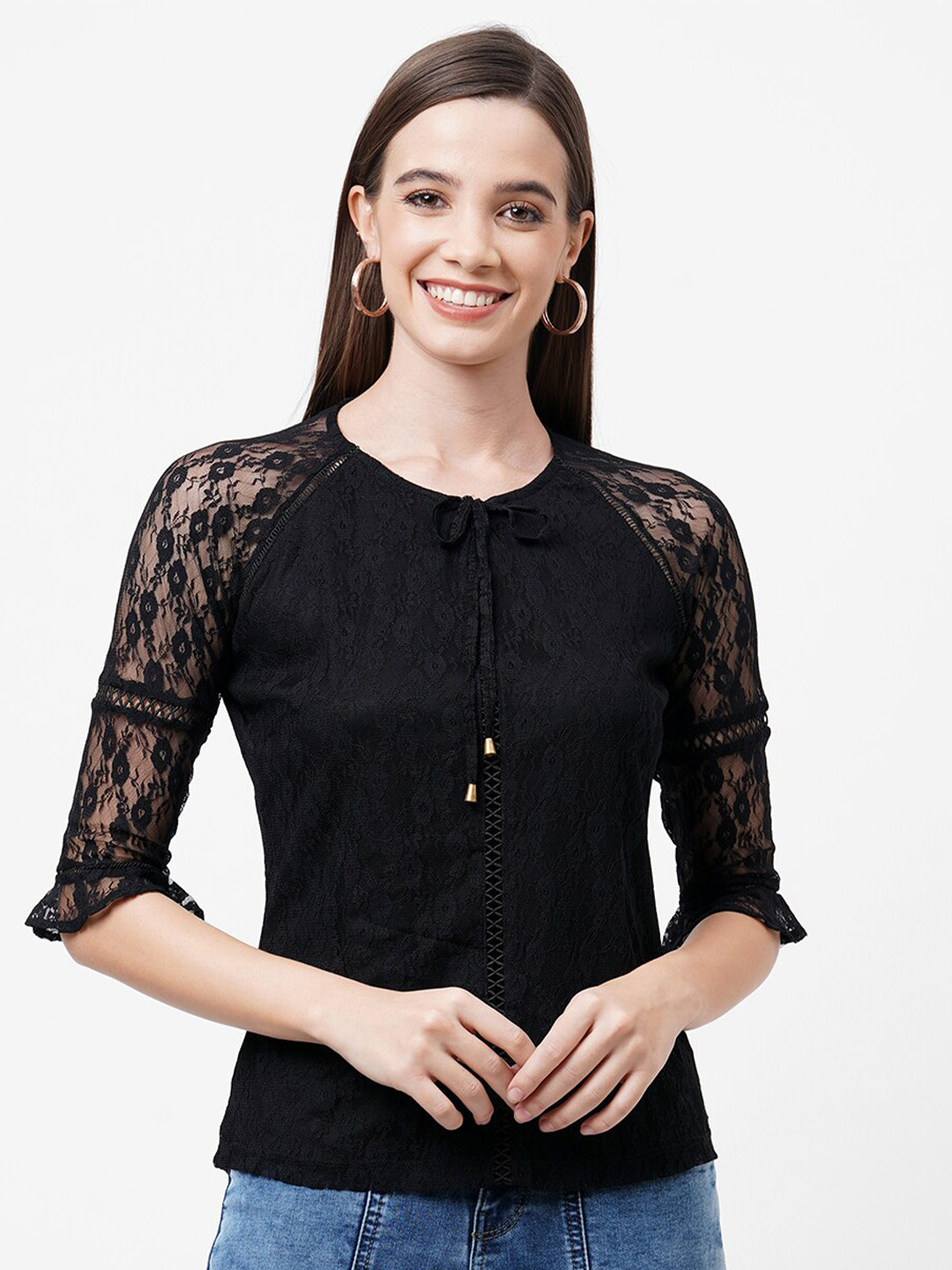 

Kraus Jeans Tie-Up Neck Top, Black