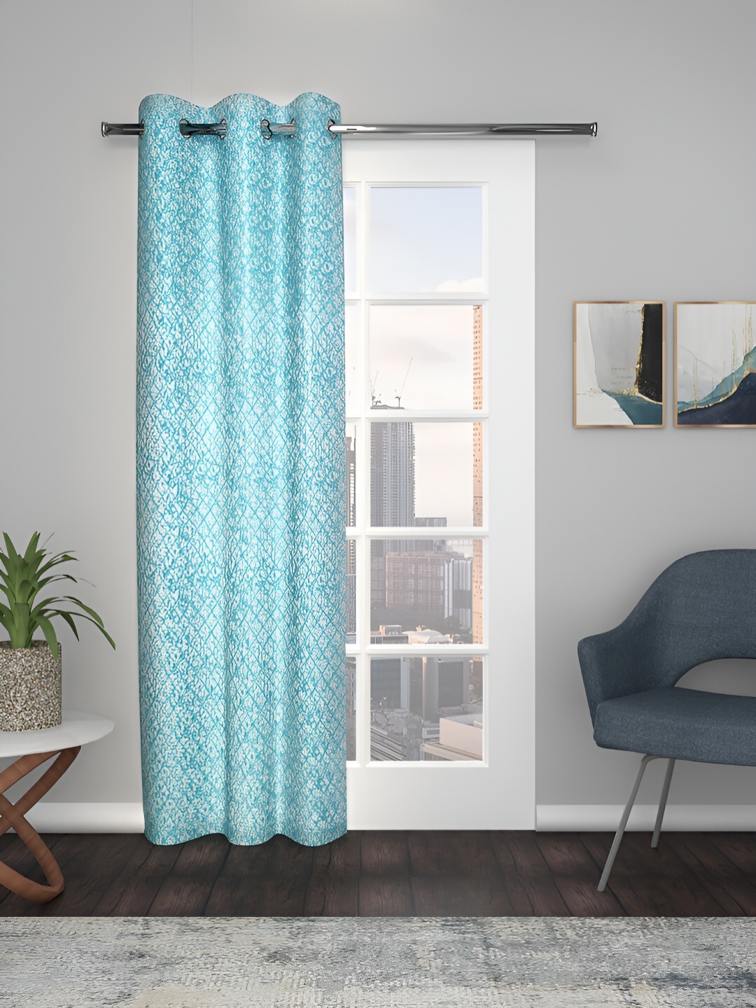 

THE CONVERSION Turquoise Blue Geometric Printed Jacquard Long Door Curtain