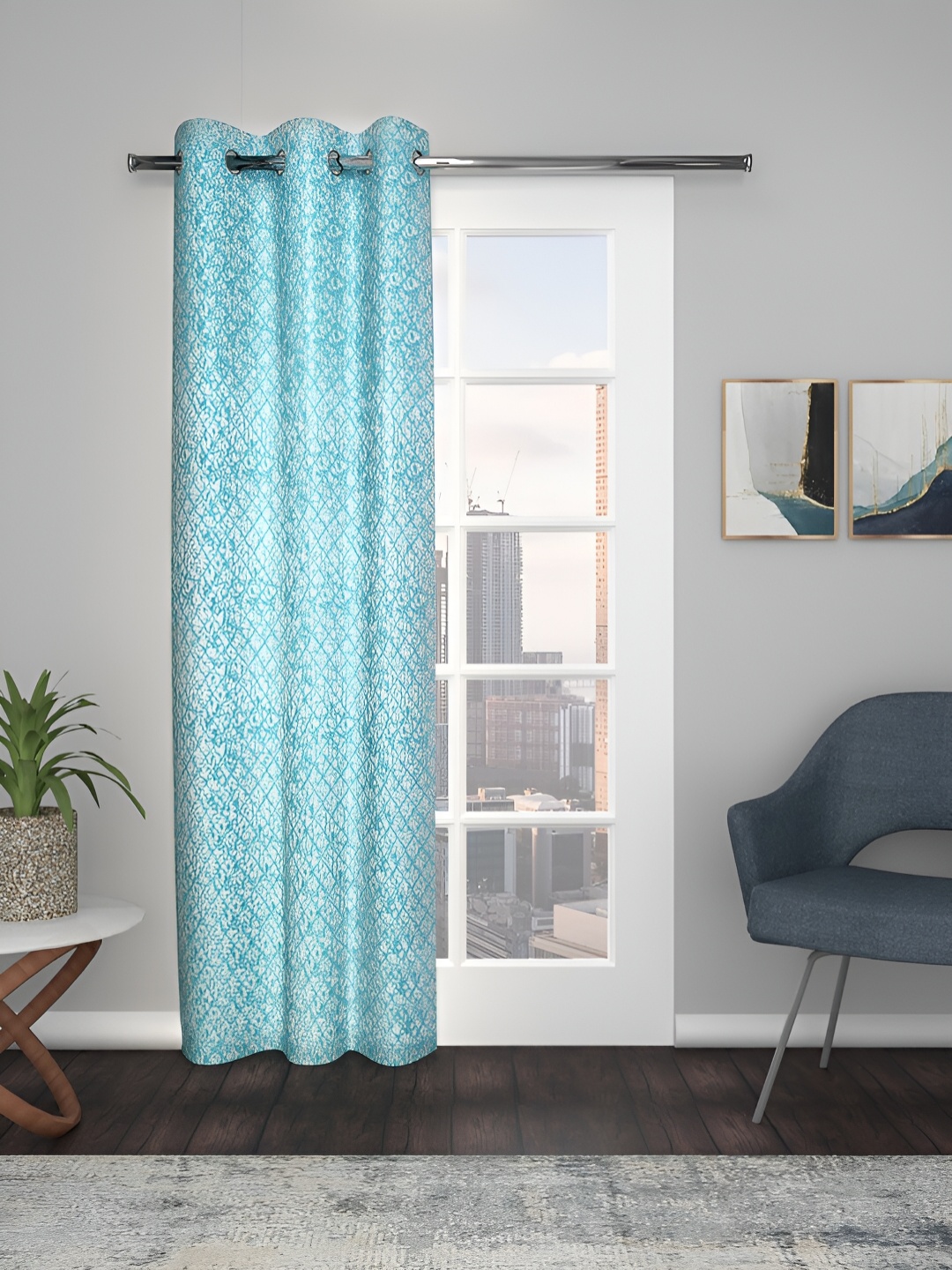 

THE CONVERSION Turquoise Blue Geometric Jacquard Long Door Curtain