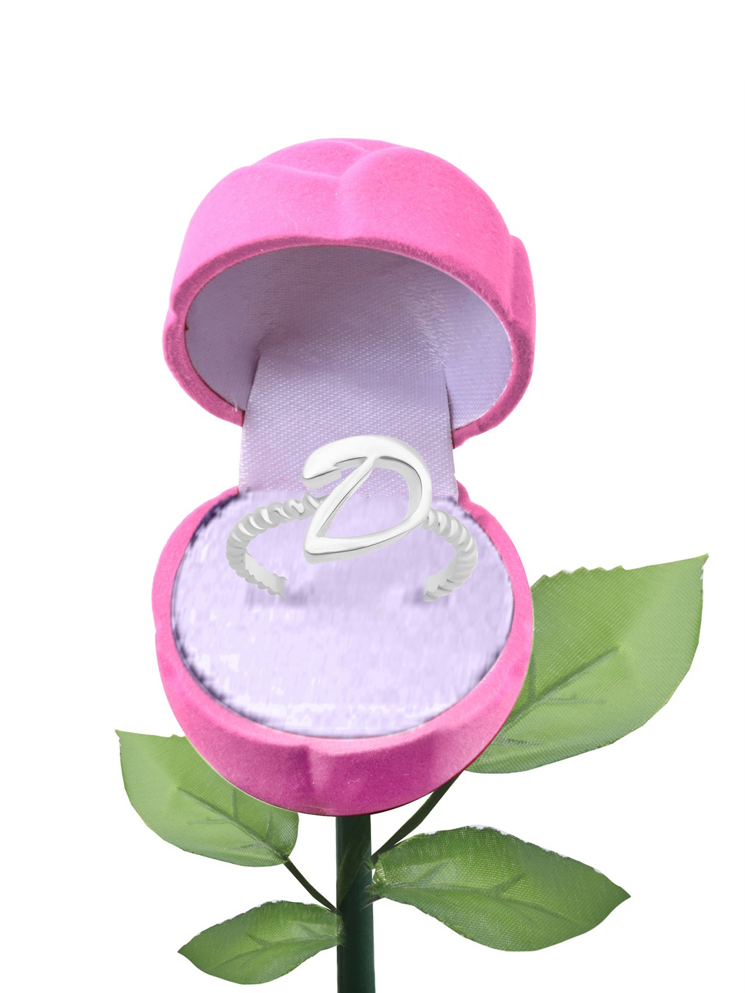 

Vighnaharta Rhodium Plated D Alphabet Finger Ring With Rose Flower, Silver