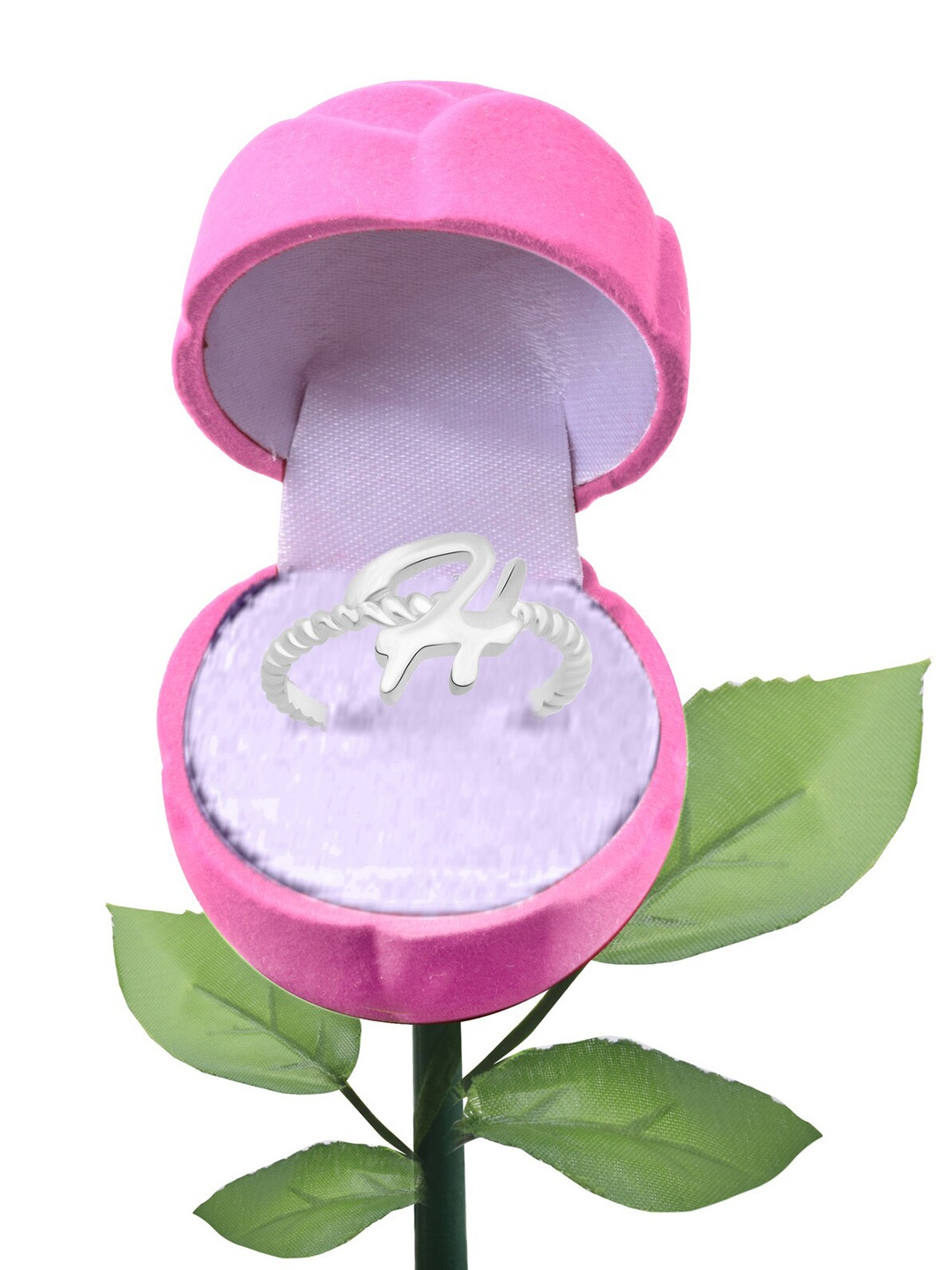 

Vighnaharta Rhodium Plated H Alphabet Finger Ring With Rose Flower, Silver
