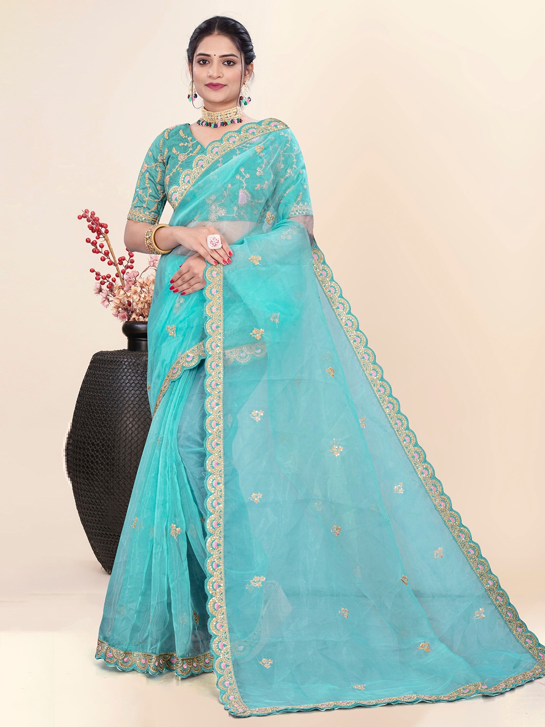

Celeb Styles Embellished Embroidered Organza Saree, Turquoise blue