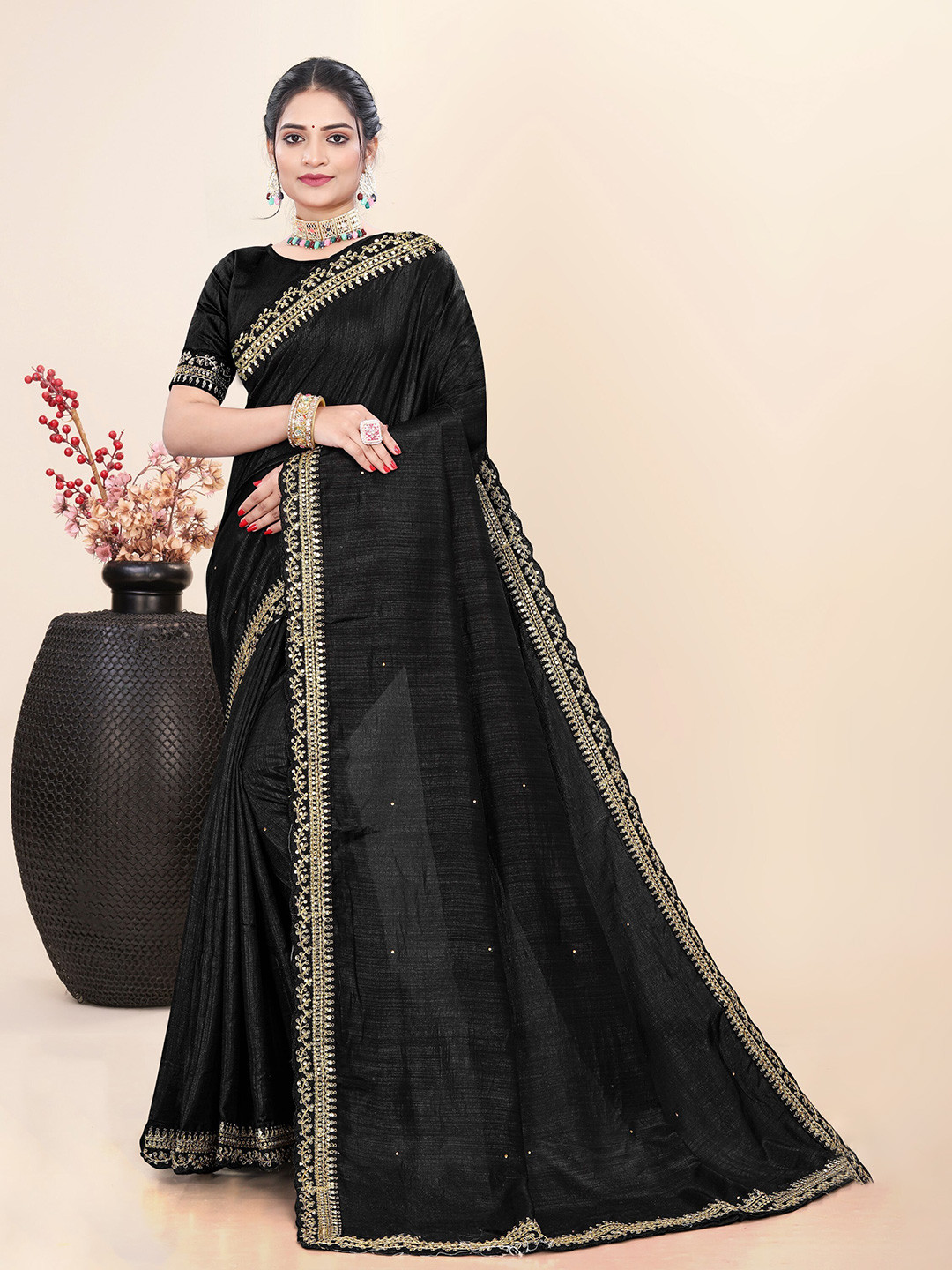 

Celeb Styles Sequinned Festive Saree, Black