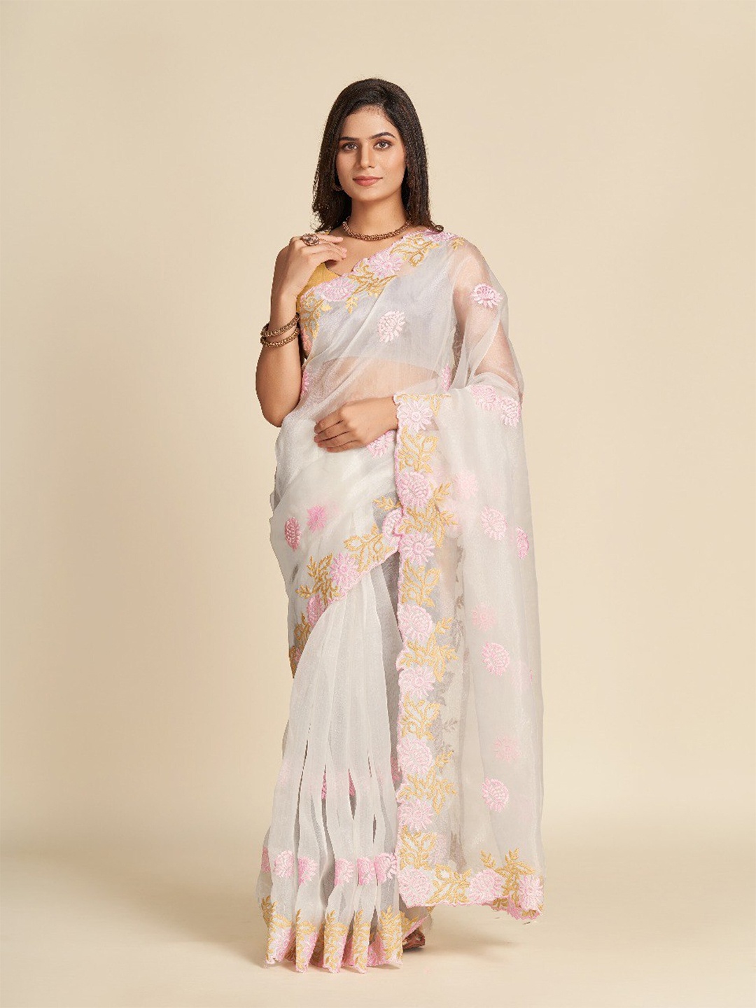 

Celeb Styles Floral Embroidered Organza Saree, White