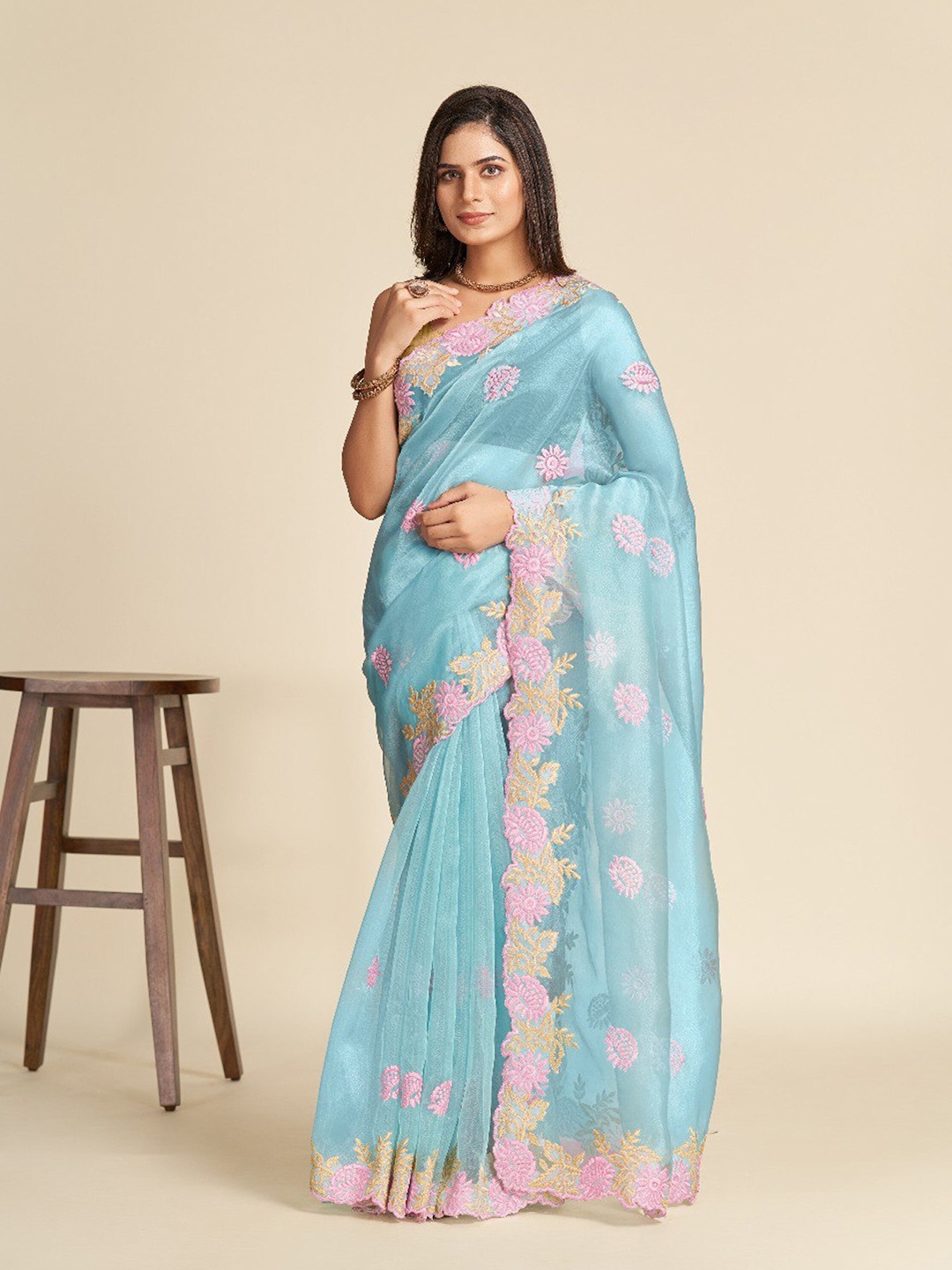 

Celeb Styles Floral Embroidered Organza Designer Saree, Turquoise blue