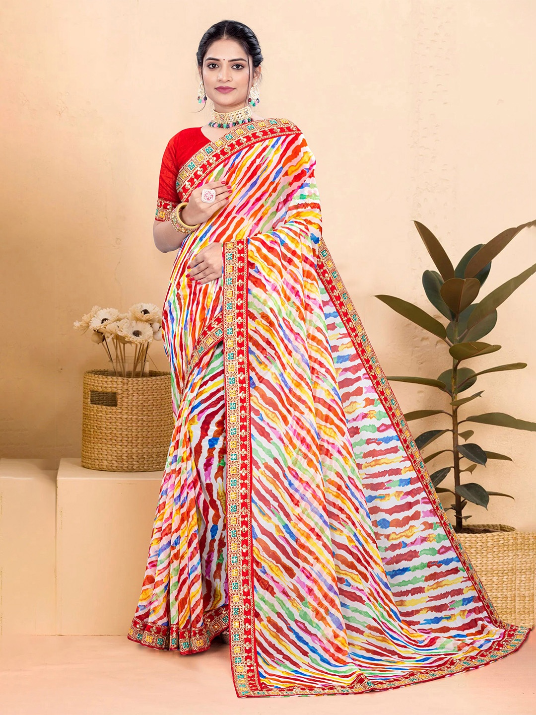 

Celeb Styles Embroidered Pure Georgette Leheriya Saree, Red