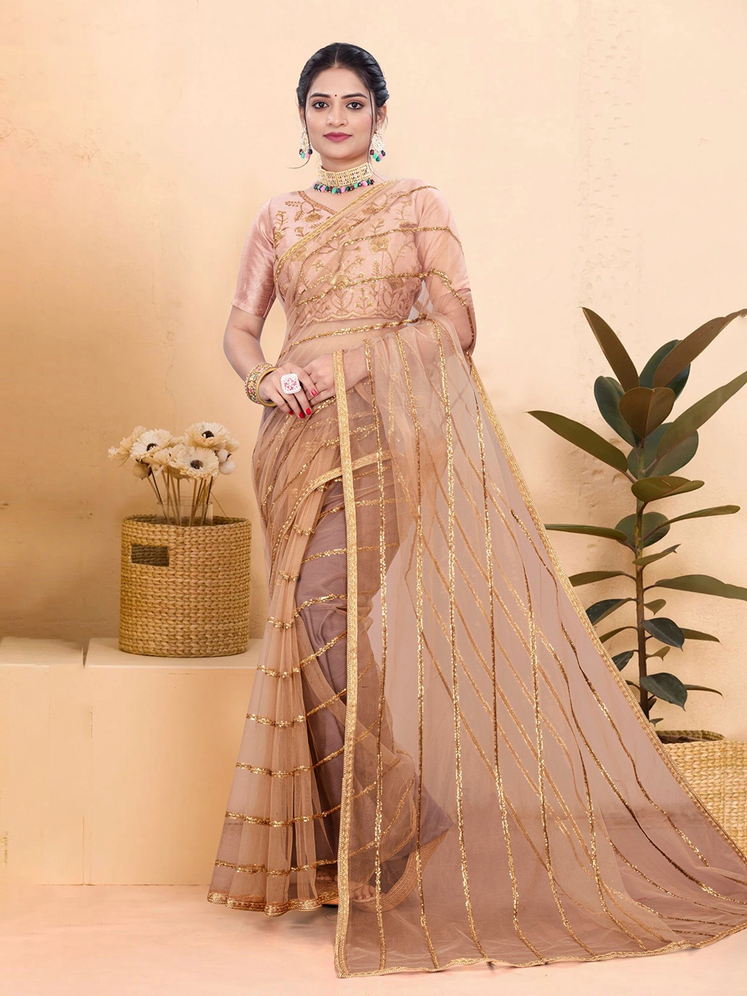 

Celeb Styles Sequinned Net Leheriya Saree, Beige