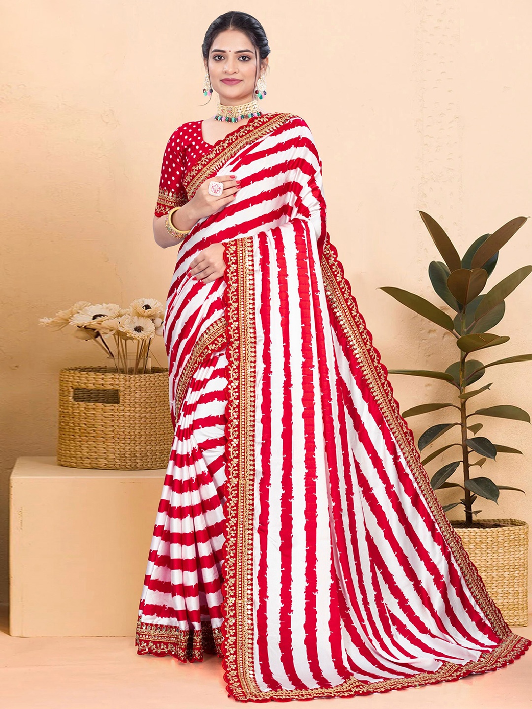 

Celeb Styles Striped Embroidered Satin Leheriya Saree, Red