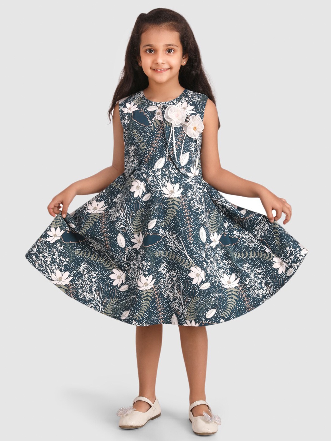 

BAESD Girls Floral Printed Tie-Up Neck Cotton Fit & Flare Dress, Teal