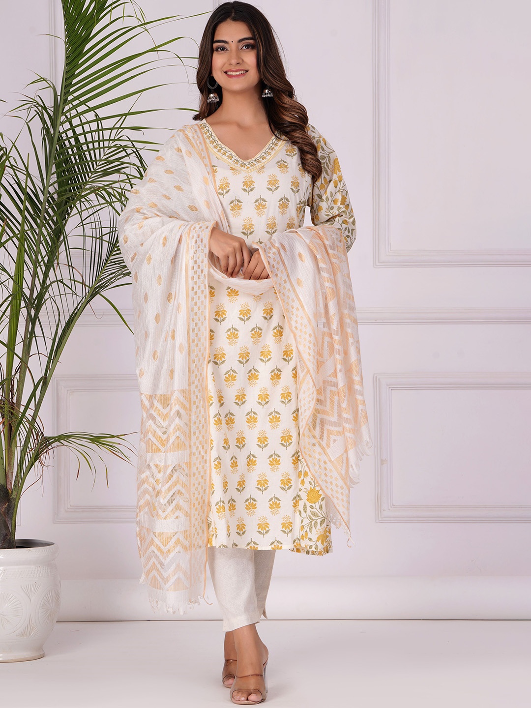 

BAESD Floral Printed V Neck Kurta with Trousers & With Dupatta, Mustard